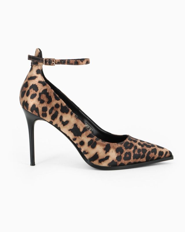Prodotto: MISS GLOBO - Décolleté leopardata in raso con cinturino alla caviglia, tacco 9CM