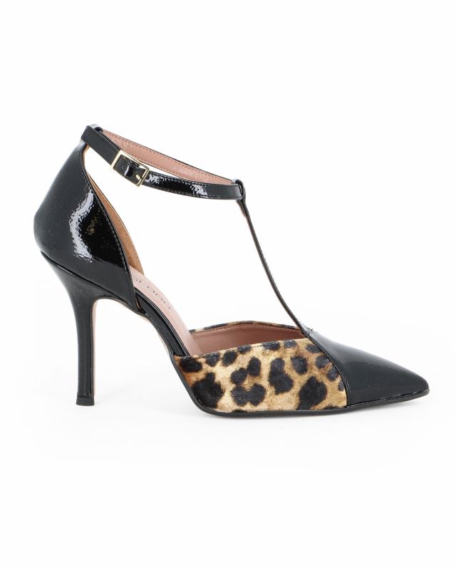 Prodotto: MISS GLOBO - Décolleté nera naplak con inserti leopardati e cinturino alla caviglia, tacco 9,5CM - MADE IN ITALY