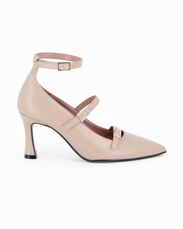 Prodotto: MISS GLOBO - Décolleté beige con tre cinturini frontali, tacco 7,5CM - MADE IN ITALY
