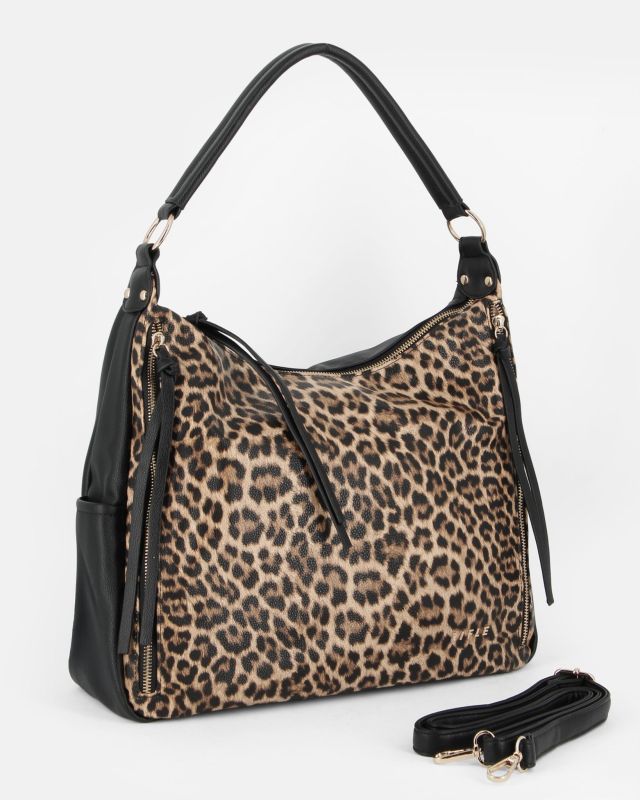 Prodotto: RIFLE - Borsa sacca leopardata con zip frontali verticali e tasche laterali, tracolla removibile