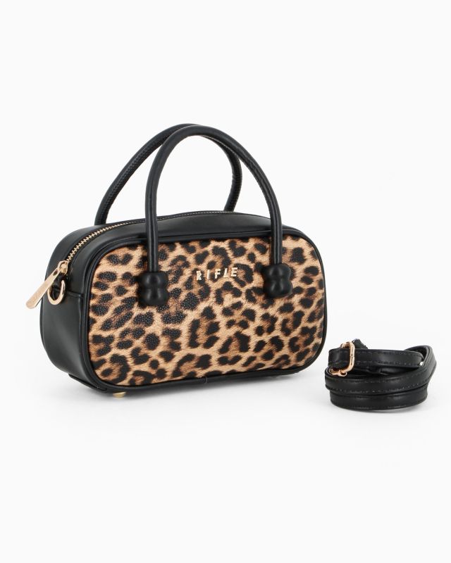 Prodotto: RIFLE - Minibag nera con parte frontale leopardata, tracolla removibile