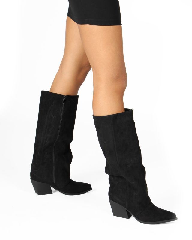 Prodotto: SOLEIL - Stivale texano nero scamosciato con zip laterale e risvolto, tacco 7CM