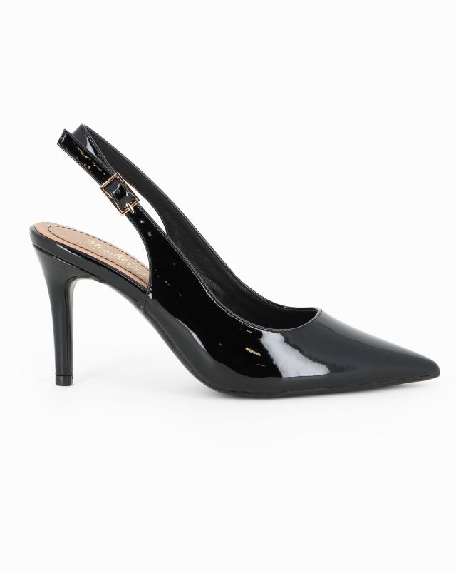 Prodotto: MISS GLOBO - Décolleté slingback nera in vernice con sottopiede in VERA PELLE, tacco 8CM