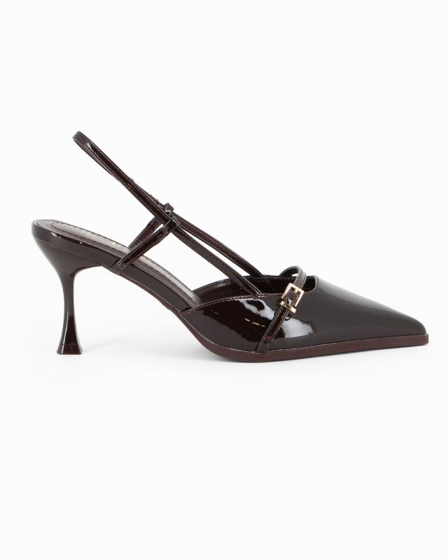 Prodotto: MISS GLOBO - Décolleté slingback marrone in vernice con sottopiede in memory foam, tacco 7,5CM