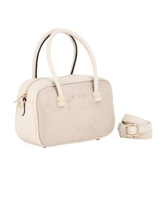 Prodotto: RIFLE - Minibag a due manici beige con parte frontale scamosciata, tracolla removobile