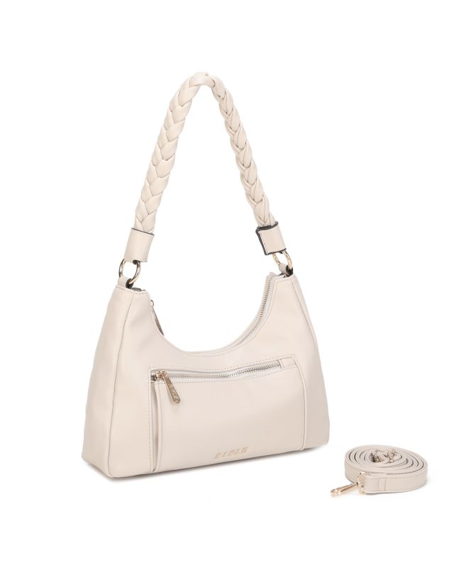 Prodotto: RIFLE - Borsa a spalla beige con manico intrecciato, tracolla removibile