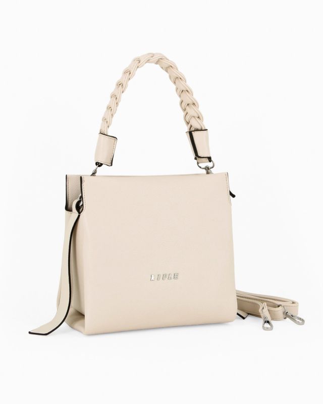 Prodotto: RIFLE - Borsa a mano beige con manico intrecciato e tre scomparti principali, tracolla removibile