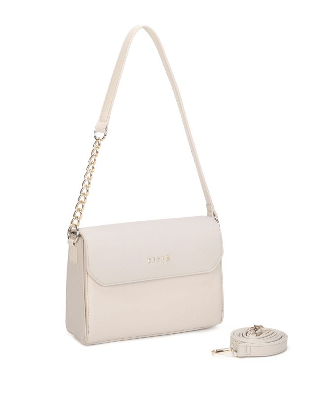 Prodotto: RIFLE - Borsa a spalla beige con patta e tasca frontale, tracolla removibile