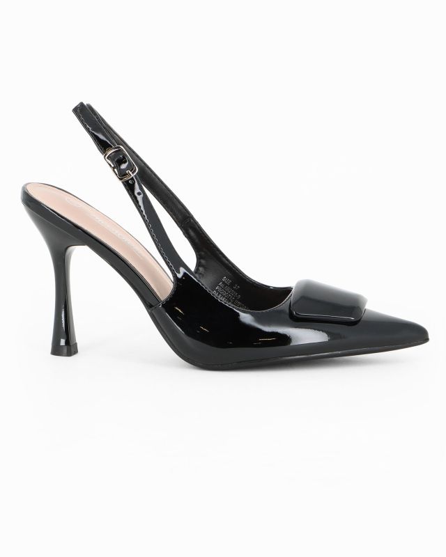 Prodotto: MISS GLOBO - Décolleté slingback nera in vernice con placca frontale, tacco 9CM