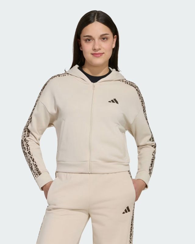 Prodotto: ADIDAS - FELPA CON CAPPUCCIO FULL ZIP JUNIOR ( 9-15 ANNI) AN 3S FT FZ  BEIGE CON DETTAGLI LEOPARDATI,  KC7205