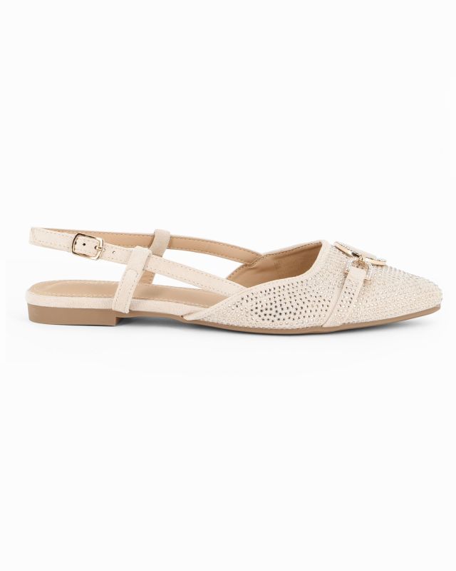 Prodotto: MY JEWELS - Ballerina slingback beige scamosciata a punta con morsetto e strass