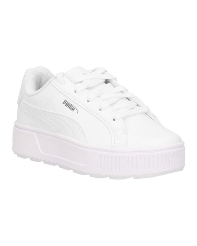 Prodotto: PUMA KARMEN L PS - Sneakers da bambina bianca con dettagli argento e suola alta, numerata 28/35
