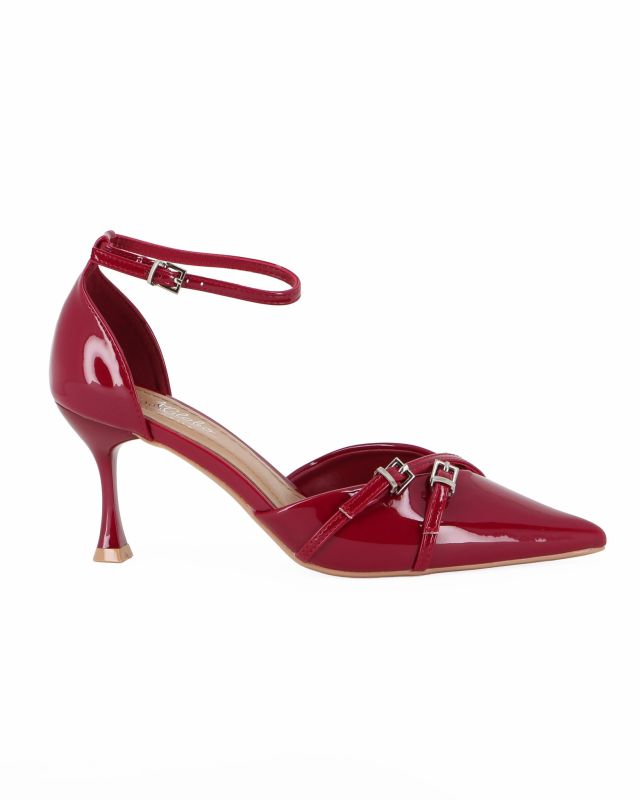 Prodotto: MISS GLOBO - Décolleté rossa in vernice con sottopiede in VERA PELLE e cinturini incrociati sulla punta, tacco 7,5CM