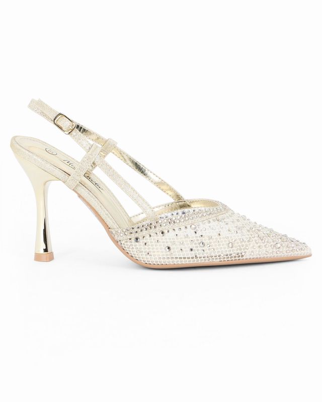 Prodotto: MISS GLOBO - Décolleté slingback oro traforata con strass, tacco 9CM