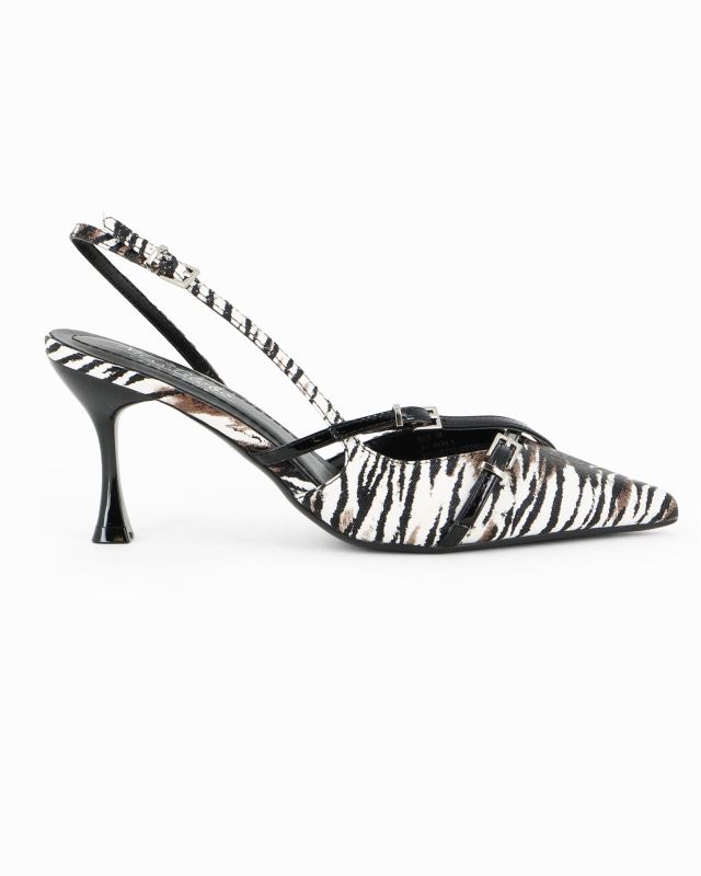 Prodotto: MISS GLOBO - Décolleté slingback zebrata bianca con sottopiede in VERA PELLE e cinturini incrociati, tacco 7,5CM