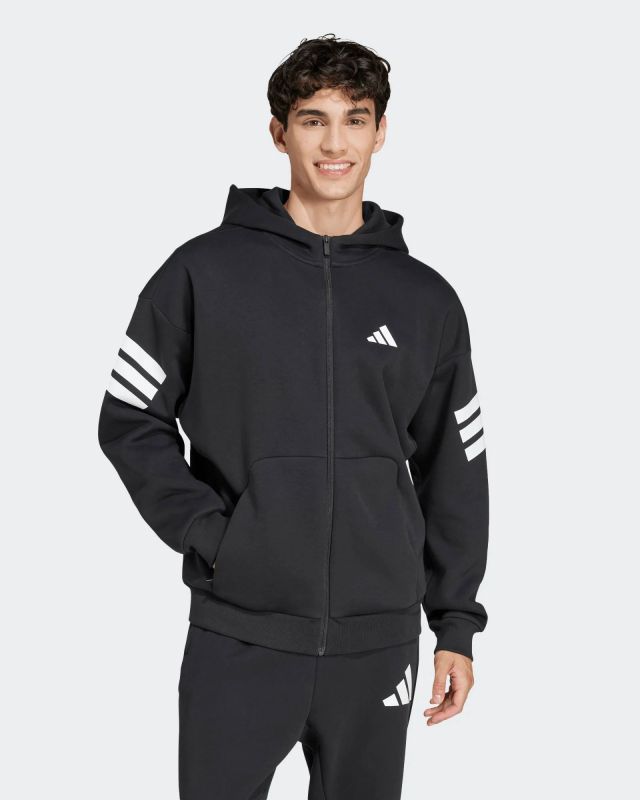 Prodotto: ADIDAS - FELPA NERA DA UOMO FULL ZIP CON CAPPUCCIO 3 STRISCE - JD4827