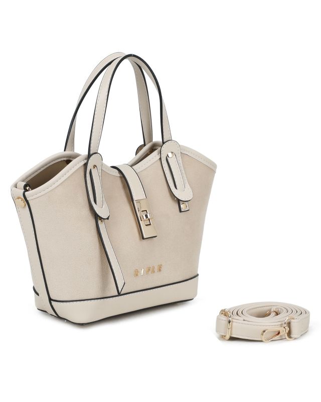Prodotto: RIFLE - Minibag beige scamosciata con pattina e chiusura a girello, tracolla removibile