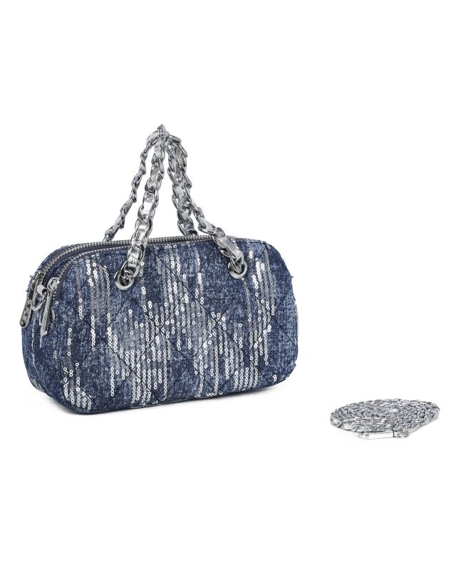 Prodotto: RIFLE - Minibag in denim trapuntato con paillettes argentate e manici a catena intrecciata , tracollina removibile