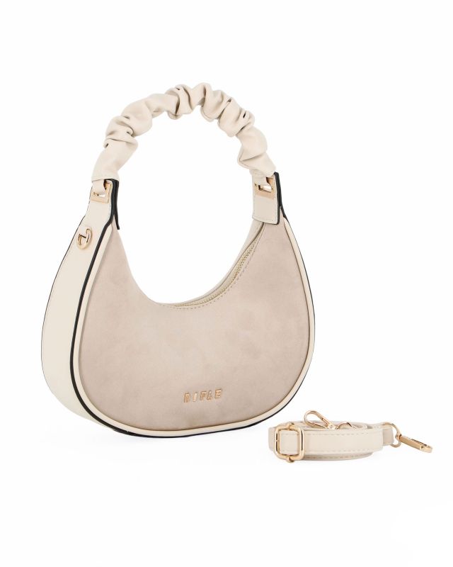 Prodotto: RIFLE - Borsa a spalla beige con manico arricciato e parte frontale scamosciata, tracolla removibile