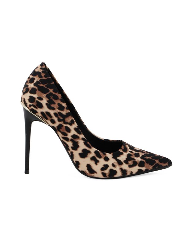 Prodotto: MISS GLOBO - Décolleté leopardata in raso con sottopiede in VERA PELLE, tacco 10,5CM