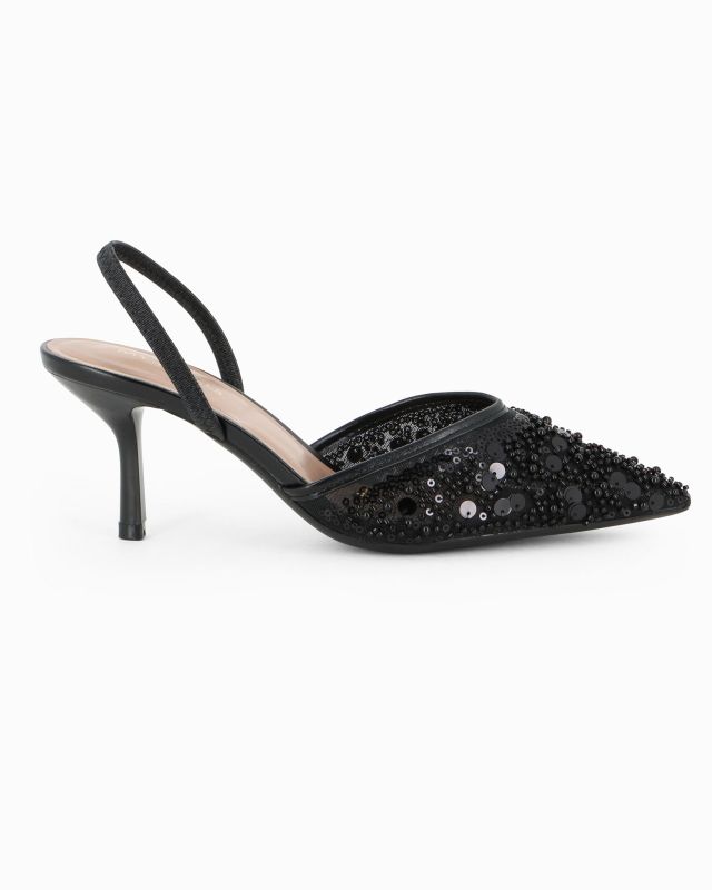 Prodotto: MY JEWELS - Décolleté slingback nera con punta traforata e paillettes, tacco 7CM