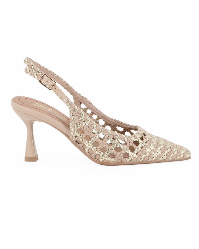 Prodotto: MISS GLOBO - Décolleté slingback beige/platino intrecciata con sottopiede in VERA PELLE, tacco 7,5CM