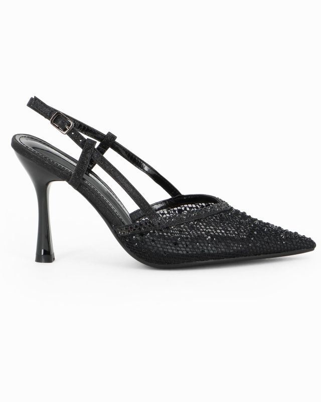 Prodotto: MISS GLOBO - Décolleté slingback nera traforata con strass, tacco 9CM