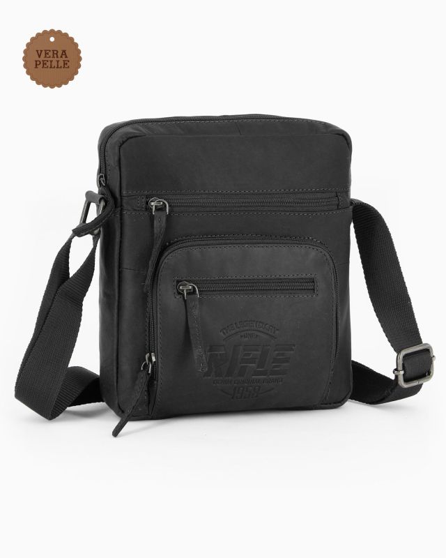 Prodotto: RIFLE - Borsello nero in VERA PELLE con tre tasche frontali
