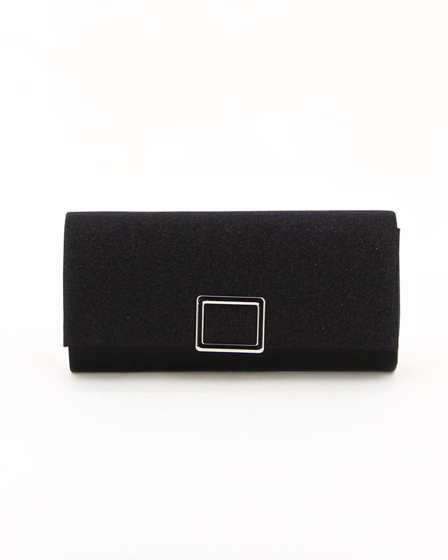 Prodotto: DIVAS - Pochette nera con patta glitterata e accessorio rettangolare in metallo