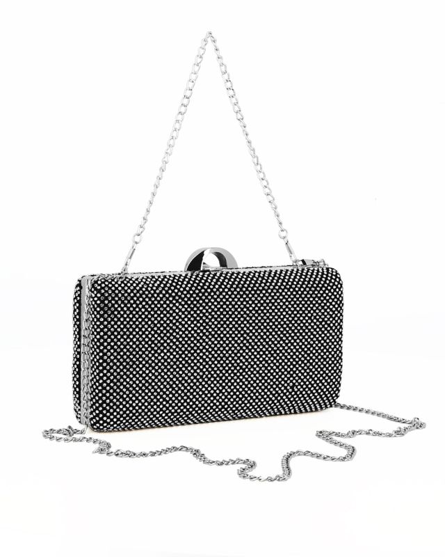Prodotto: DIVAS - Clutch nera ricoperta di strass argento con chiusura metallica