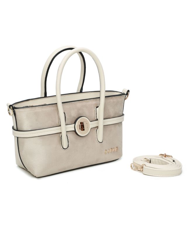 Prodotto: RIFLE - Minibag due manici beige con parte frontale scamosciata e dettaglio cinturino con girello, tracolla removibile